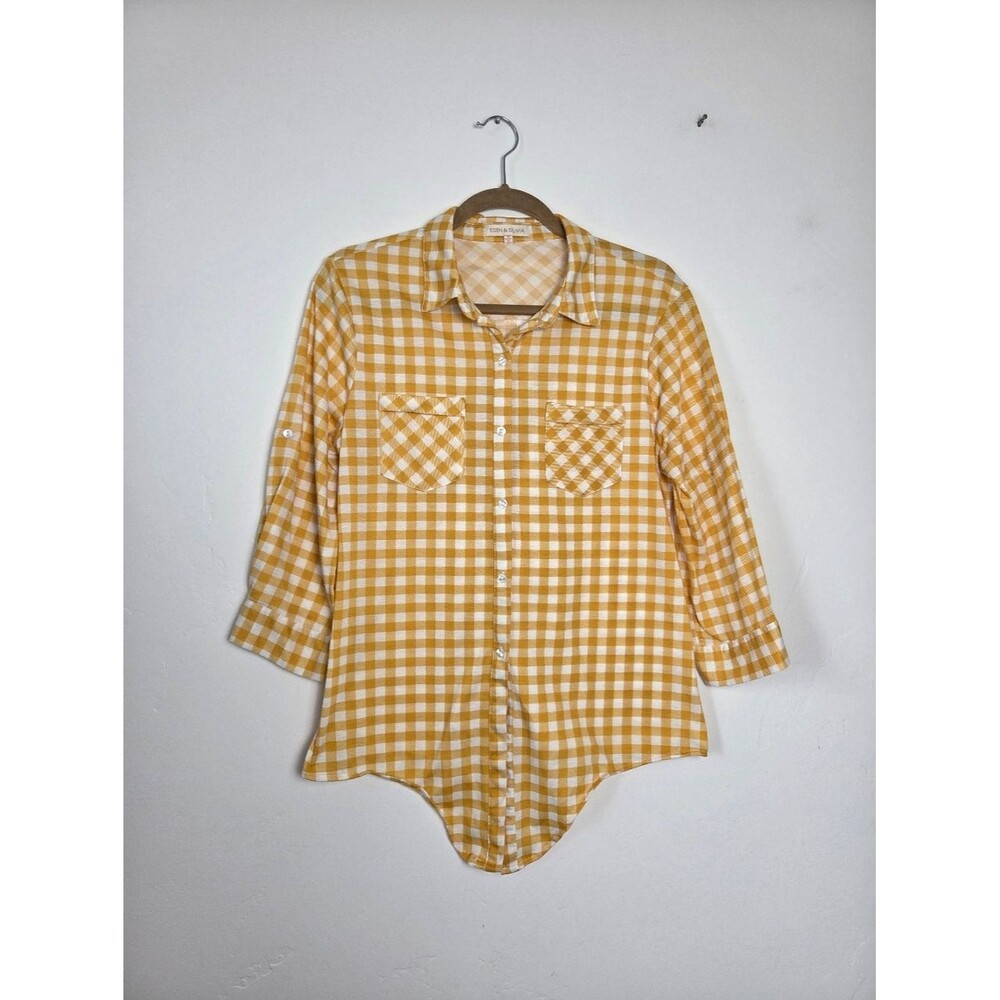 Eden & Olivia Golden Yellow Plaid Checked Button Front Shirt Tie Front Boho M